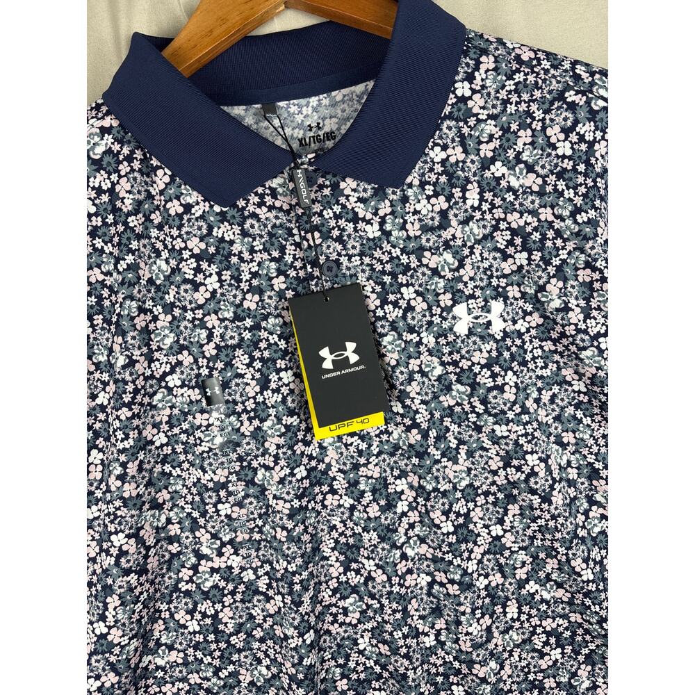 New Under Armour UA Matchplay Floral Golf Polo Mens sz XL Match Play Navy/White